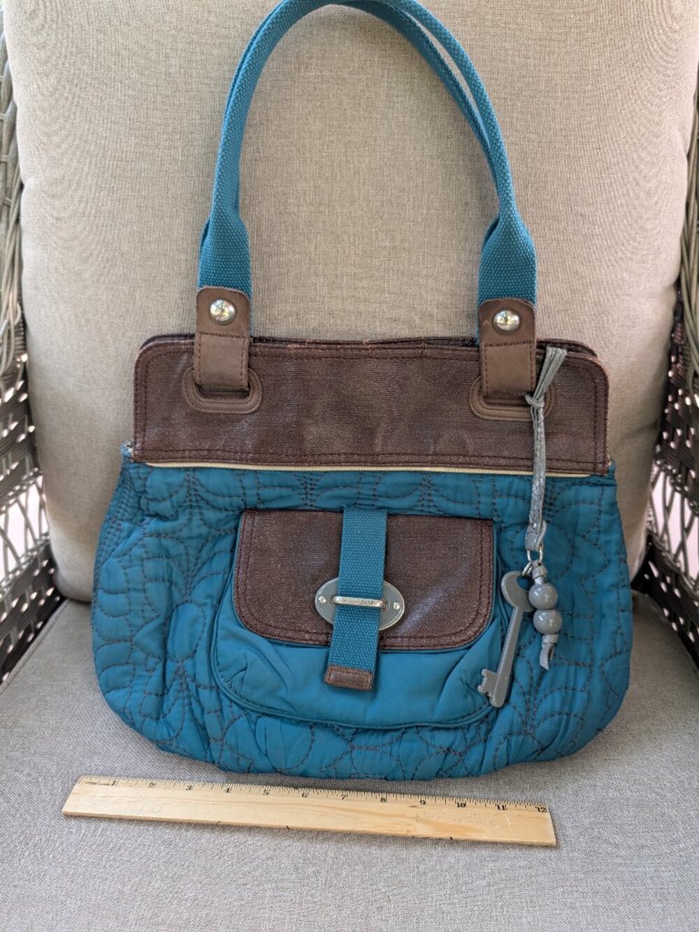 Fossil Key-Per Quilted Teal Brown Large Vintage Tote Bag